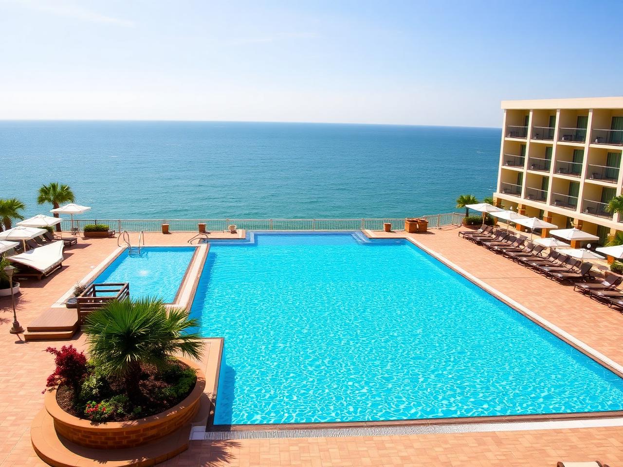 Oceanfront resort pool deck with lounge chairs