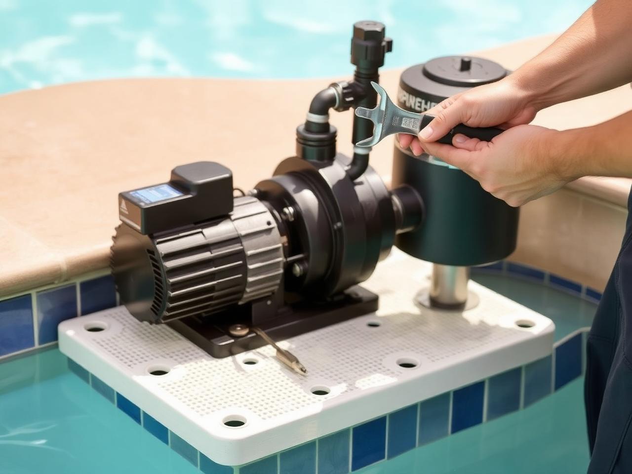 Pool pump and filter being serviced on an equipment pad
