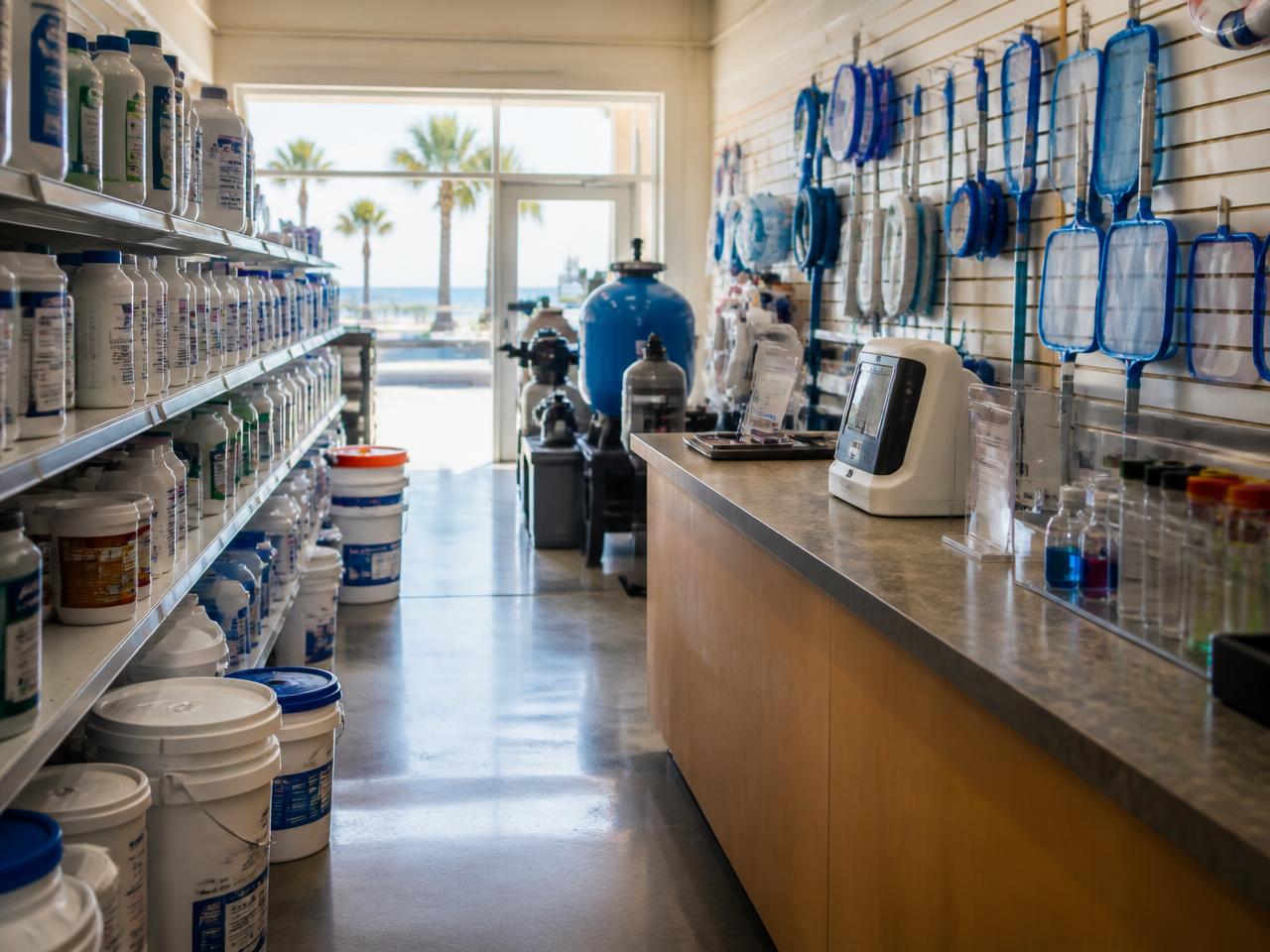 Pool supply showroom shelves with chemicals, parts, and nets